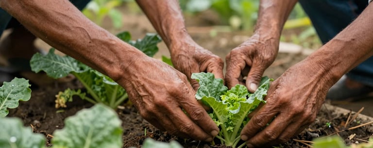 A close-up of residents' hands working together in an organic vegetable garden in Brazil, symbolizing growth and the therapeutic value of labor.
