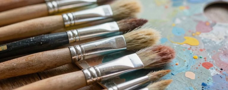 An array of paint brushes and colorful palettes on a wooden table, soft focus, inspiring and artistic atmosphere conveying creativity.