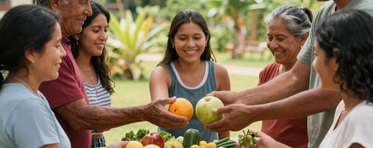 A joyful group of South American Brazilian people of various ages gathering around a communal harvest table, sharing organic fruits and vegetables in a sunlit garden.