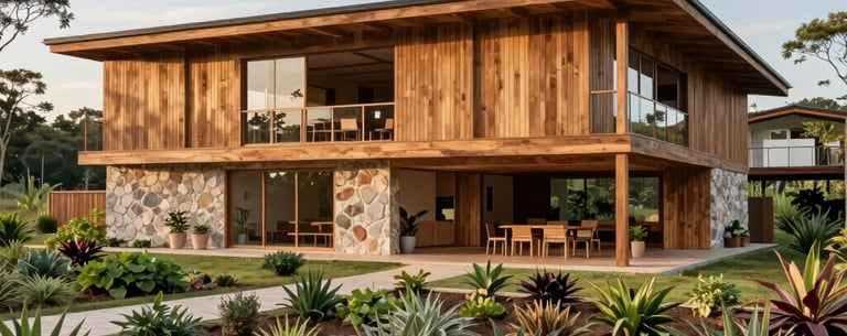 An wide-angle architectural shot of a modern, eco-friendly community center made of local wood and stone, overlooking an organic garden in the Brazilian countryside.