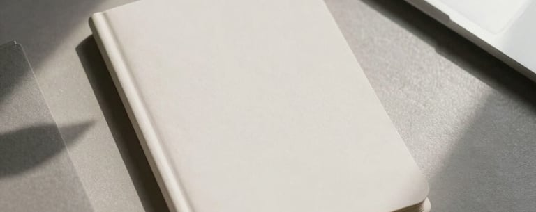 Overhead shot of a minimalist workspace with neutral-colored stationery and a single leaf shadow, soft and focused lighting.