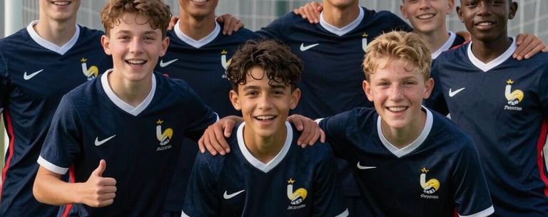 Team photo of diverse young soccer players, ages 11-16, smiling and showing high enthusiasm, celebrating a goal during training, French athletic center background.