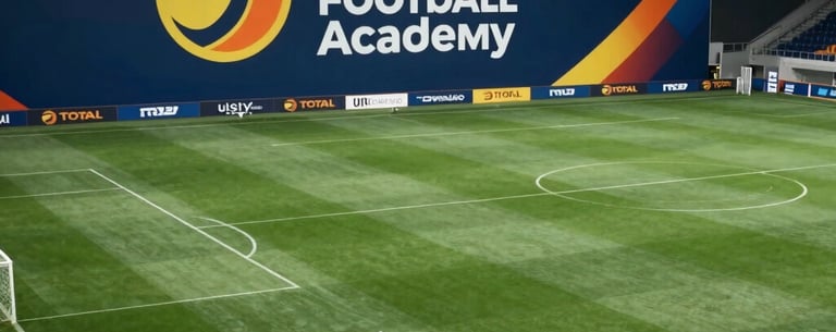 A wide shot of a state-of-the-art soccer facility in France with multiple green pitches, featuring a large banner with the Total Football Academy logo in yellow orange and white.