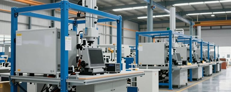 A modern warehouse facility in India with advanced technology, steel blue accents, clean floors, and efficient organization, showcasing professional logistics.