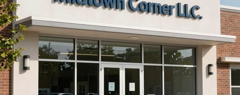 The bright and welcoming exterior of a community center in a North American suburb, with a clean glass entrance and clear signage for Midtown Corner LLC.