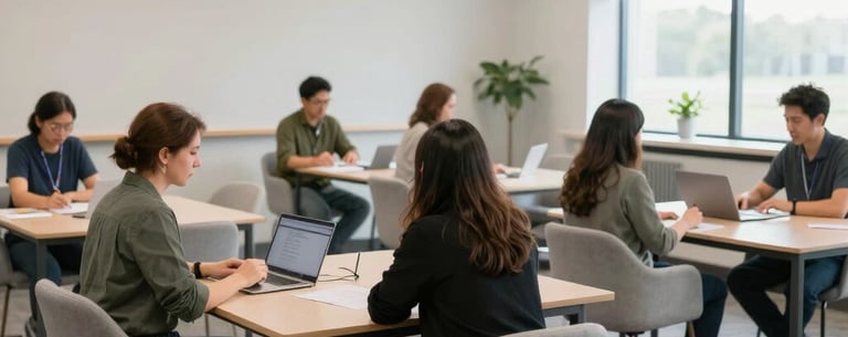 A group of adults engaged in a workshop in a clean, professional North American learning center with light gray furniture and ample natural light.