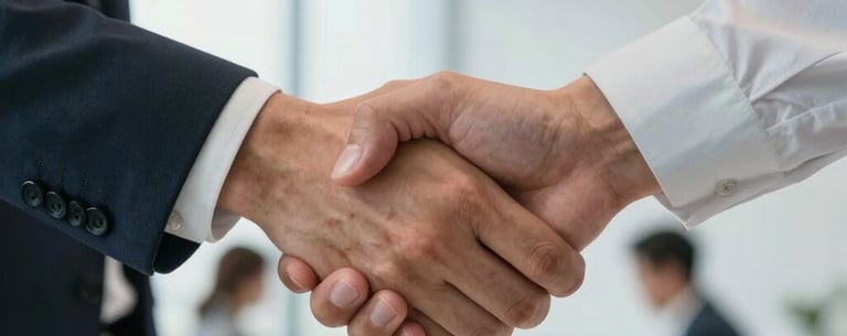 A close-up of a professional handshake between two people in a North American business setting, with a bright and airy modern office background.