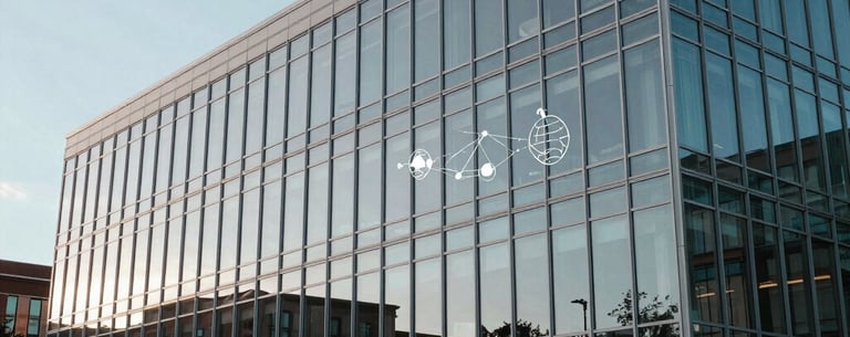 A wide-angle photography shot of a modern glass-and-steel university building facade during a clear afternoon in North America. Reflective surfaces showing global connectivity symbols. Muted blue and grey tones.
