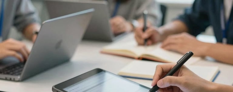 A close-up photograph of a hands-on digital learning workshop. Professional North American / International setting. Students collaborating over tablets and books. Bright, airy, and professional atmosphere.