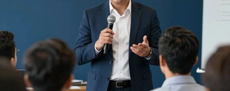 An expert Latin American speaker presenting to an audience of entrepreneurs, sharp professional photography, deep blue and white tones.