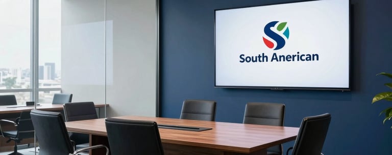 Spacious boardroom in a South American law office with a dark blue feature wall, glass partitions, and a large professional screen.
