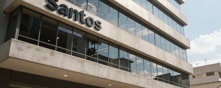 Modern exterior of a commercial building in Santos, Brazil, under clear daylight, reflecting a professional atmosphere.