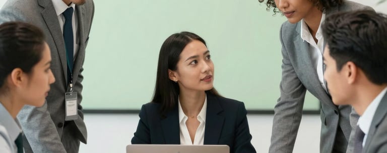 A diverse group of professional office workers in North American business attire collaborating around a table in a bright conference room, focusing on efficiency and teamwork, soft green accents.