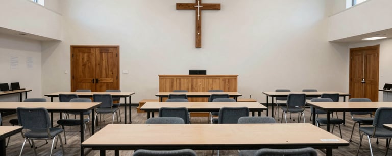 A bright and airy multi-purpose hall in a North American church, with tables arranged for cooperative learning, clean and professional environment.