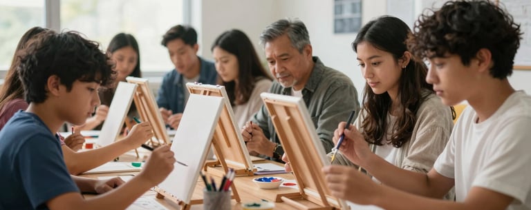North American students and parents working together on an art project with paints and canvases in a sunlit classroom, focusing on creativity and community.