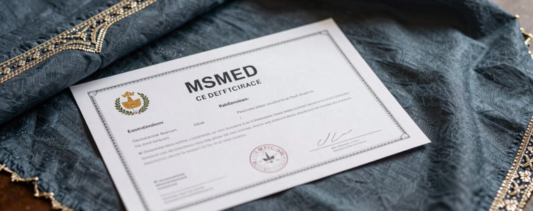 Detailed shot of an official MSME certificate document lying on a desk next to a beautiful hand-embroidered piece of fabric in dark blue-grey.