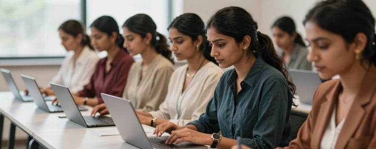 A group of South Asian women sitting in a modern, professional training hall, learning digital skills on laptops. Soft, natural lighting.