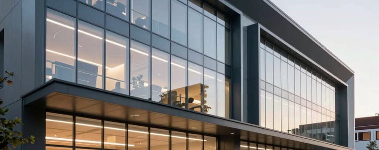 An wide-angle architectural shot of a modern, light-filled educational facility in a North American city, with clean glass walls and dark steel accents.
