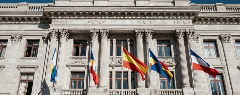 A long shot of an impressive stone institutional building with several international flags flying out front, majestic and authoritative style, global Spanish-speaking context, colors of dark blue and off-white.
