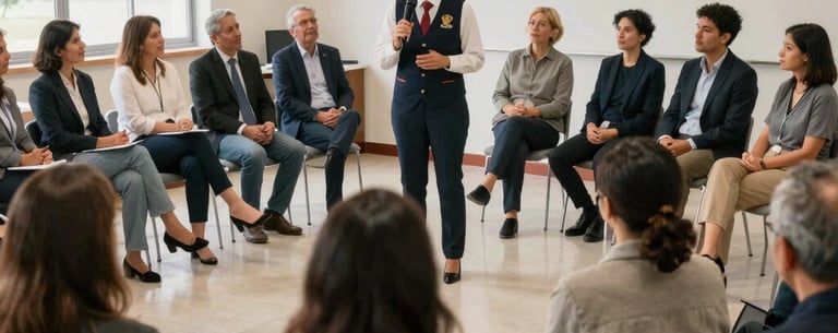 A documentary style photograph of a community meeting in a well-lit hall, where a person in a diplomatic vest is speaking to attentive listeners, global Spanish-speaking context, professional and hopeful mood.