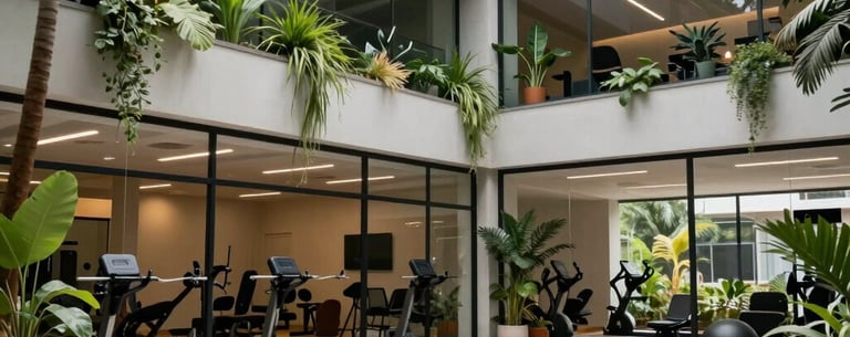 A wide shot of a modern training center in a Latin American city, featuring clean architecture, glass walls, and lush green plants, creating a supportive and expert atmosphere.