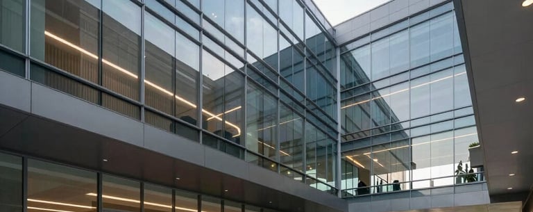 Architectural shot of a modern office lobby in Brasilia. Clean lines, minimalist aesthetic with steel blue and grey accents. The space is filled with soft, diffused morning light, emphasizing transparency and professional excellence.