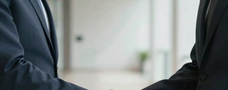 Close-up of two South American executives shaking hands in a bright, modern corridor. They are dressed in smart professional attire. The shot conveys trust and agreement. Soft shadows and clean background.