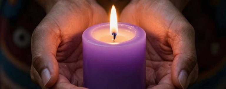 A pair of hands gently cupping a flickering lavender candle flame in a dark room, creating a warm and welcoming mystic glow, South American / Brazilian context.