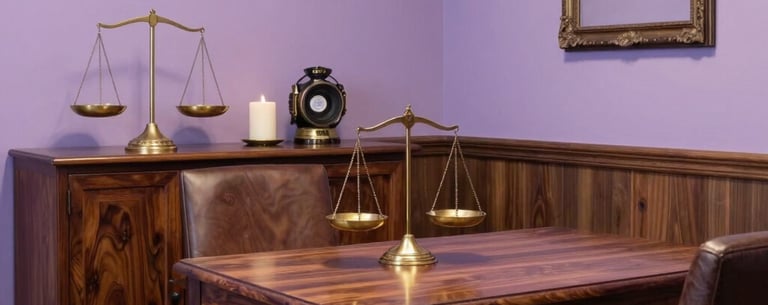A sophisticated Brazilian consultation room with dark wood furniture, lavender-colored walls, and elegant mystical decor like a brass balance scale and candles.