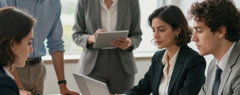 A group of diverse professionals in business attire collaborating around a meeting table in a sunny Brazilian office, soft focus background.