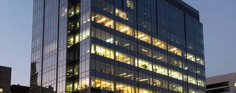 The sleek exterior of a modern glass office building in a prestigious South American district at dusk, glowing with warm internal light.