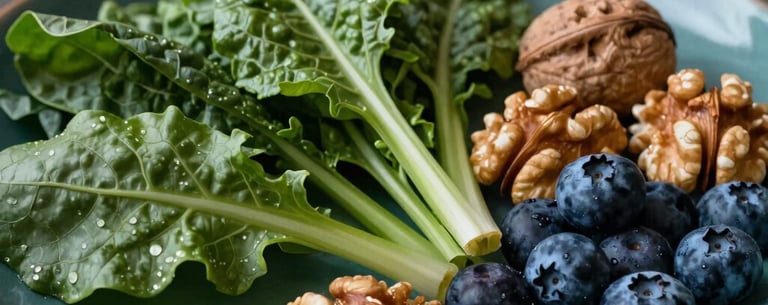 A close-up photograph of a variety of nutrient-dense whole foods like leafy greens, walnuts, and blueberries arranged on a dark teal ceramic plate, highlighting 'food as medicine' in a US kitchen.