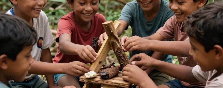 Children laughing while building a small structure with organic materials like wood and stone in a Colombian forest setting. The shot is high-angle, showing the collaboration and natural environment. Authentic and warm aesthetic.