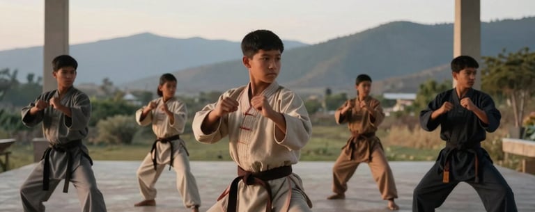 A group of teenagers practicing Kung Fu movements in a minimalist, open-air pavilion. Their uniforms are simple and earthy-toned. The South American landscape of mountains is visible in the background. The lighting is soft afternoon glow, very cinematic and calm.