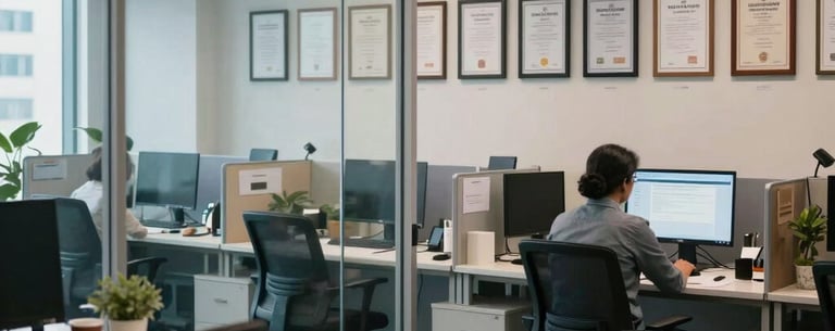 A modern, professional office suite for psychology research in a South Asian urban setting, featuring glass partitions, ergonomic furniture, and walls decorated with framed academic certifications, muted blue and off-white color scheme.