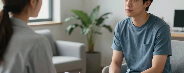 A candid shot of a one-on-one counseling session in a comfortable, modern office with soft lighting. The setting is a North American suburban location, conveying peace and trustworthiness through a palette of light grey and muted blue.