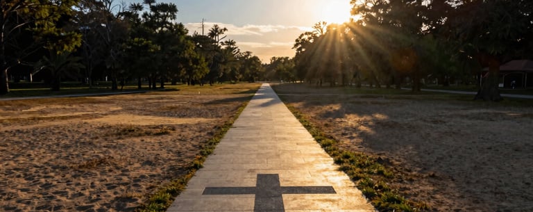 A wide-angle landscape shot of a peaceful Georgia park at sunset, with golden light illuminating a paved walking path that symbolizes the journey of faith. The composition is calm and professional, featuring sand and deep blue tones.