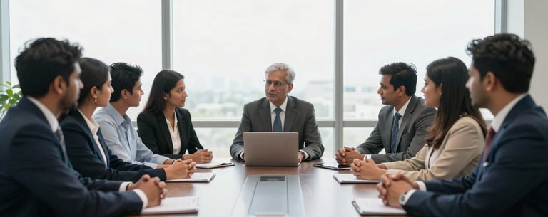 A group of South Asian / Indian legal professionals in a collaborative meeting around a conference table. The room has large windows and a clean, modern aesthetic.