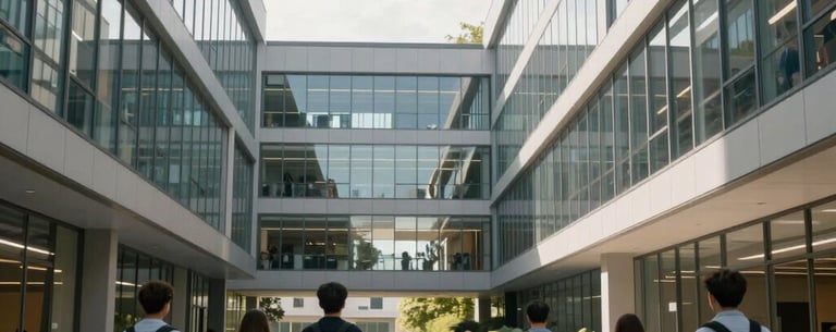 A professional wide shot of a modern educational campus with students walking between sleek, glass buildings in an International / Global setting.
