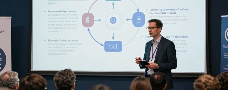 A professional photo of an entrepreneur presenting a digital solution on a screen to a panel in an International / Global innovation hub.