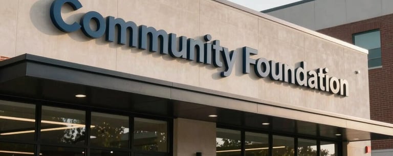 The exterior of a modern, welcoming community foundation building in a North American urban setting with professional signage.