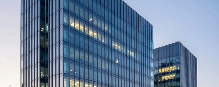 Wide-angle architectural photography of a modern, sleek biotechnology research building at sunset in a North American / International technology hub. The glass facade reflects a palette of deep blue and soft cyan, with warm interior laboratory lights visible.