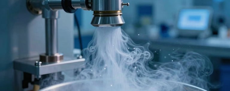 Close-up photography of liquid nitrogen vapor in a high-tech storage facility for biological samples. The lighting is clinical and sharp, using deep blue and medium blue colors to convey a sense of modern North American / International medical science.