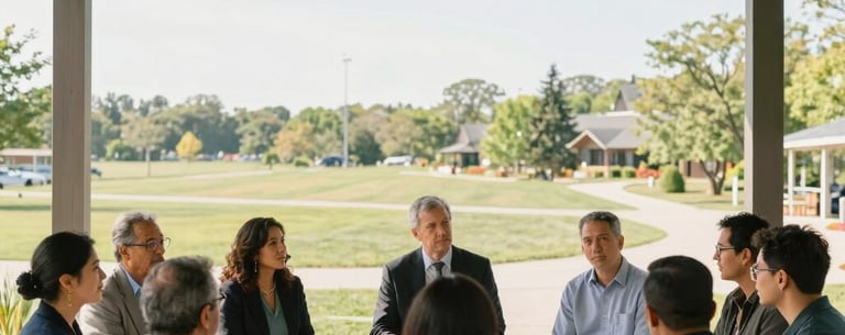 A group of community leaders meeting in a modern, open-air pavilion in North America, discussing policy and engagement, sunny afternoon.