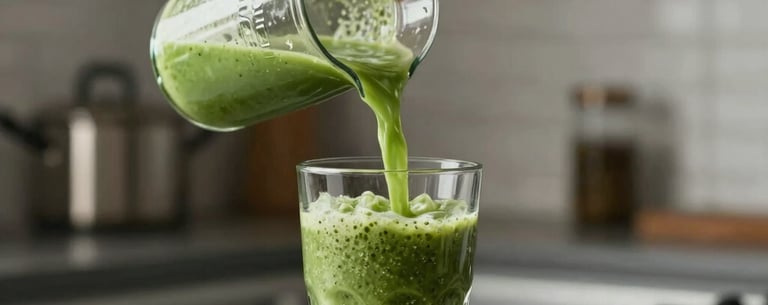 A person in a modern Canadian kitchen pouring a vibrant green smoothie into a glass, symbolizing wellness and habit-building.