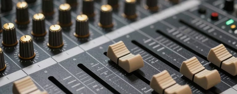 Close-up of a high-end sound mixer with gold knobs and sliders, captured in a moody professional photography style.