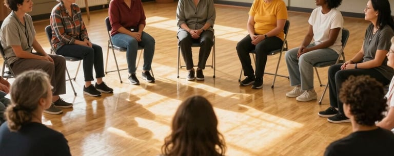 Photography of a diverse group of community members sitting in a circle during a wellness workshop in a North American community center. The lighting is warm and golden, reflecting hope and dignity.