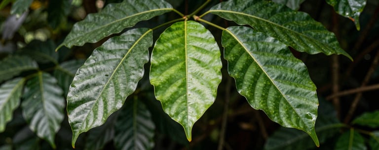 A close-up of healthy green leaves in a Southeast Asian jungle with sunlight filtering through, clean and crisp photography emphasizing natural textures.