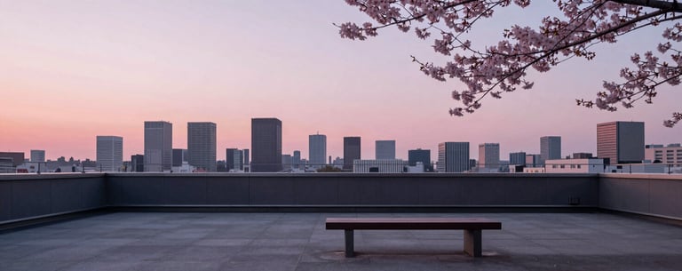 Photography of a modern architectural rooftop in Tokyo at dawn. The sky is a soft pink and grey. A single minimalist bench is positioned to view the distant skyline through cherry blossom branches. International / English-speaking professional context.
