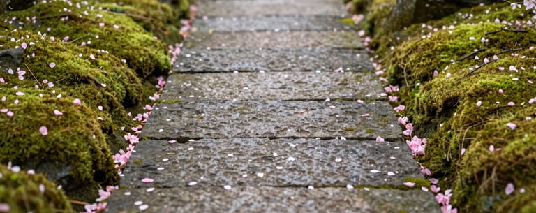A minimalist stone path in a Japanese Zen garden, flanked by vibrant green moss and fallen pink cherry blossom petals. Serene, low-angle photography. International / English-speaking professional context.